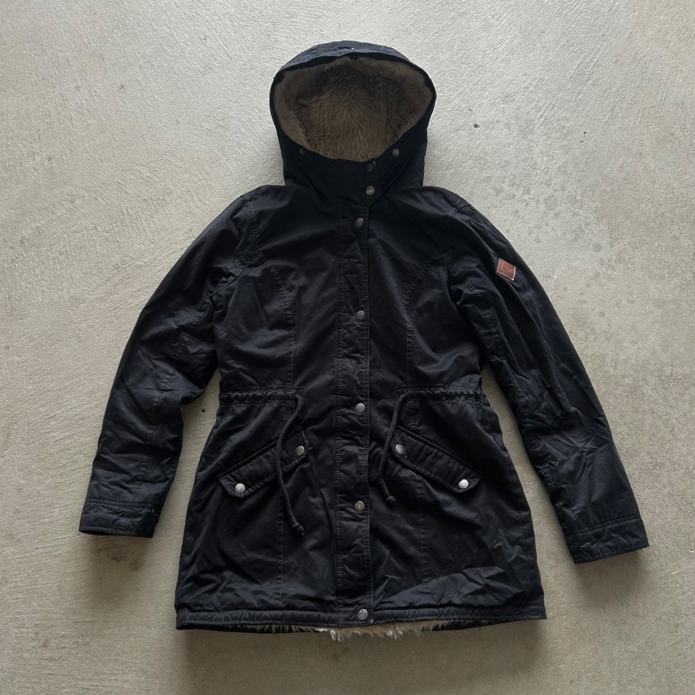 Hollister Jacket Women's Medium Black Faux Fur Hood Y2K Parka Bella Swan‎